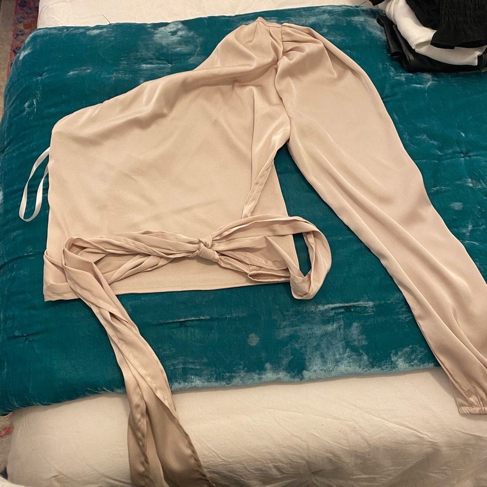 gold satin look one shoulder tie top